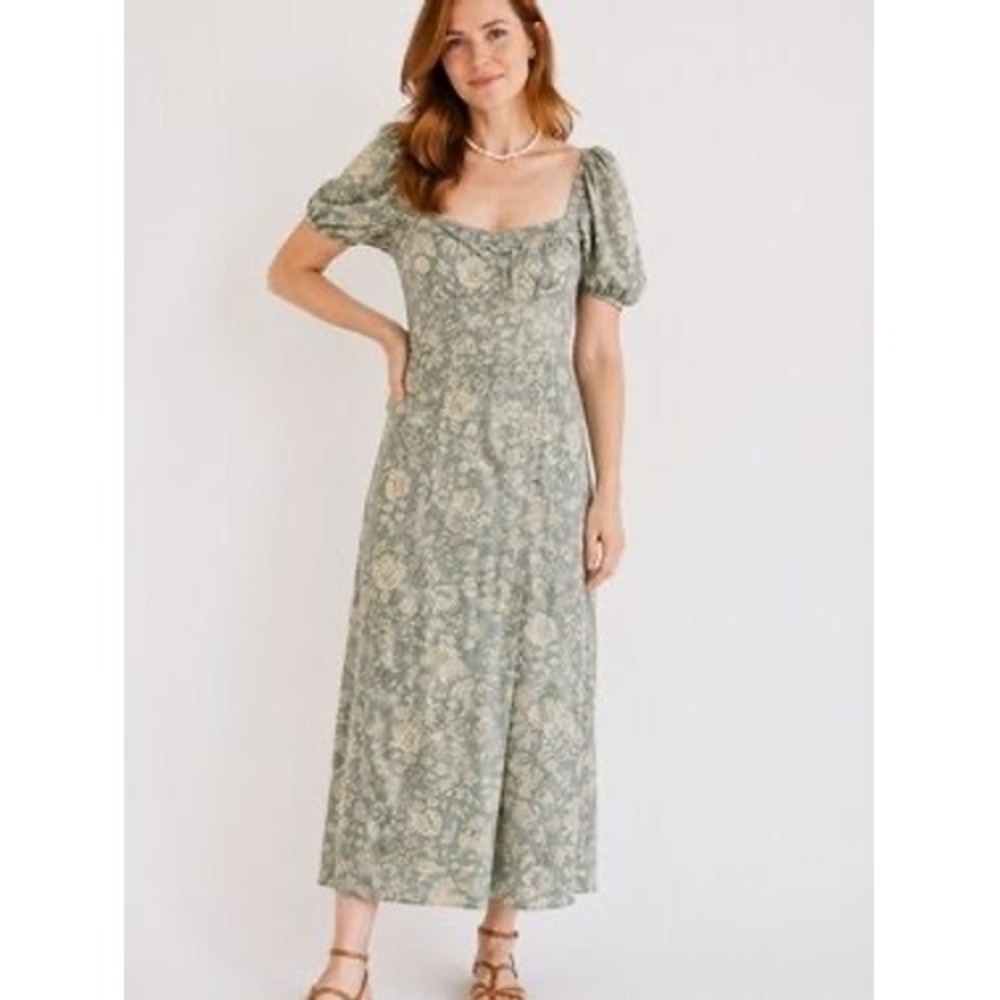 Land of the Free Sage Green Floral Puff‎ Sleeve Wide Leg Jumpsuit Size L Cottage
